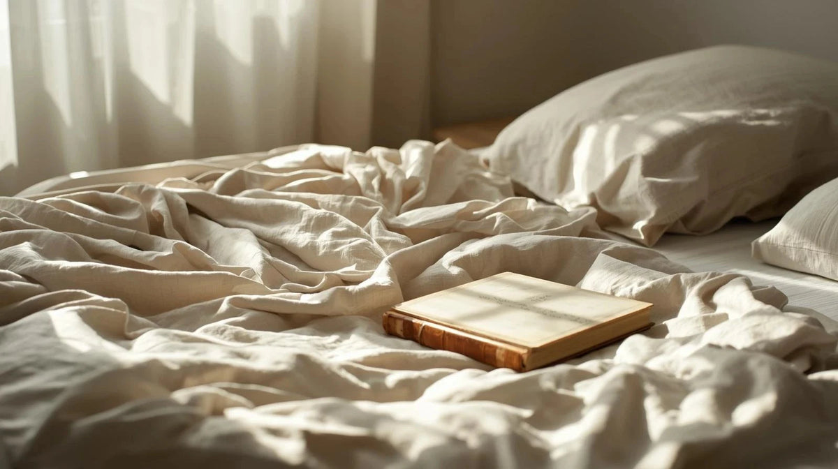 A book kept on a Beautiful Champaigne beige sateen cotton bedsheet