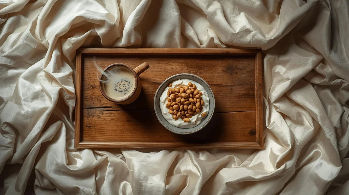 A wooden tray with coffee and roasted makhana with yoghurt cleanly paced over a lusturous beige sateen bedsheet
