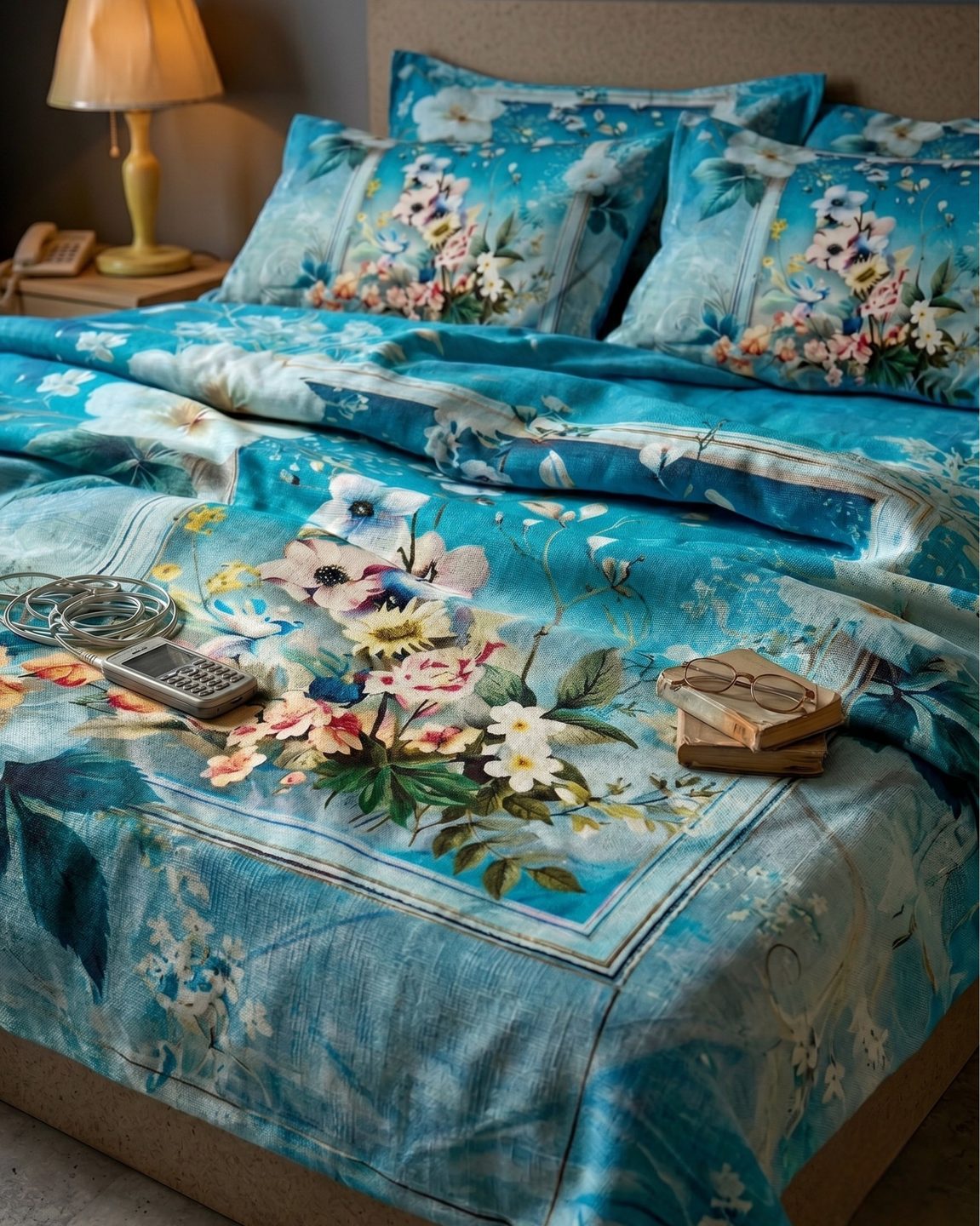 Bedroom with busy printed floral turquoise bedsheet — cluttered, visually noisy