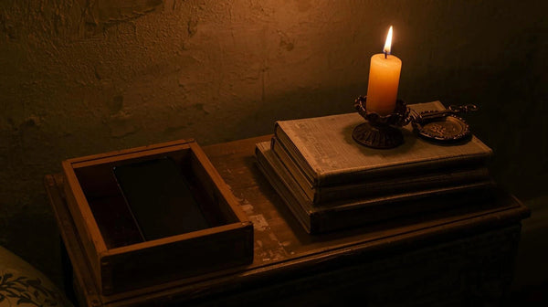 Candle lit over a pile of books in the study