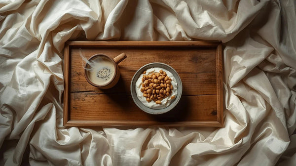 A wooden tray with coffee and roasted makhana with yoghurt cleanly paced over a lusturous beige sateen bedsheet