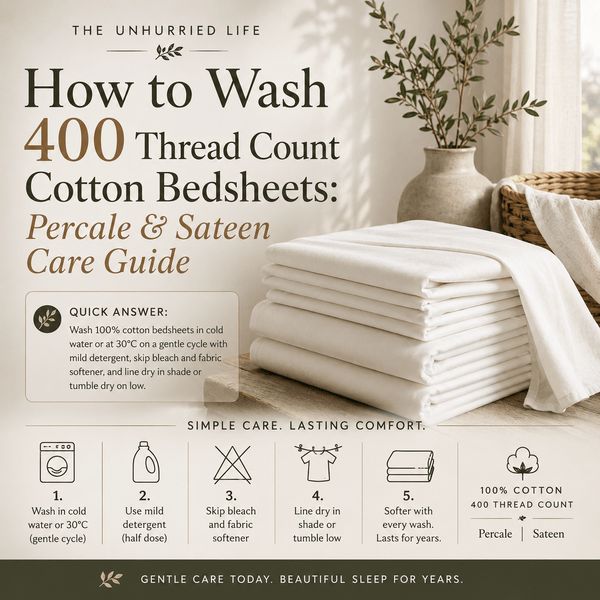 How to Wash 400 Thread Count Cotton Bedsheets: Percale & Sateen Care Guide - The Unhurried Life
