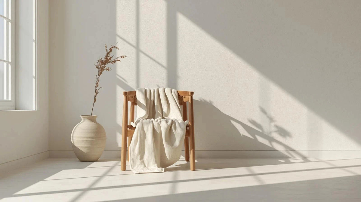 A minimalistic room with a linen spread over a cream beige percal cotton bedsheet over a chair