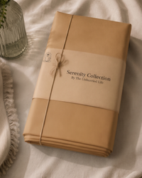 Gift wrapped in brown paper with a 'Serenity Collection' label on a light background of Golden sand colour bedsheet