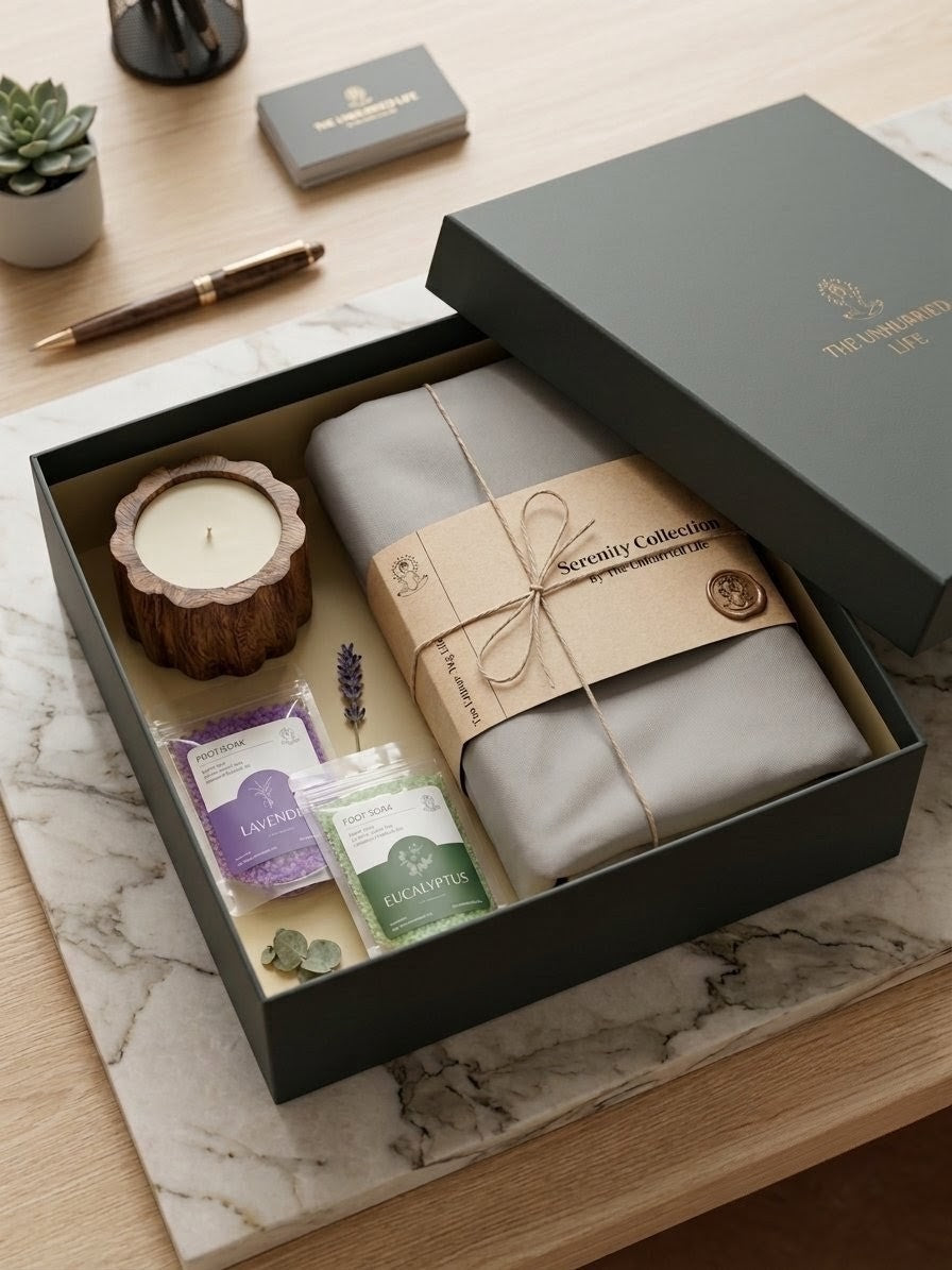 Gift box with a folded grey cotton bedsheet in a kraft sleeve with jute twine and a wax seal, a candle in a carved mango-wood bowl, and lavender and eucalyptus foot soak sachets