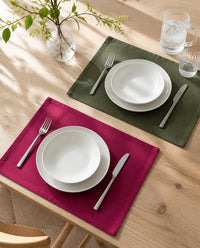 Mulberry pink and olive green cotton canvas table mats side by side - The Unhurried Life