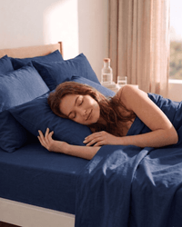 Navy blue percale cotton flat and fitted sheet detail