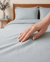 Silver grey percale cotton flat and fitted sheet detail